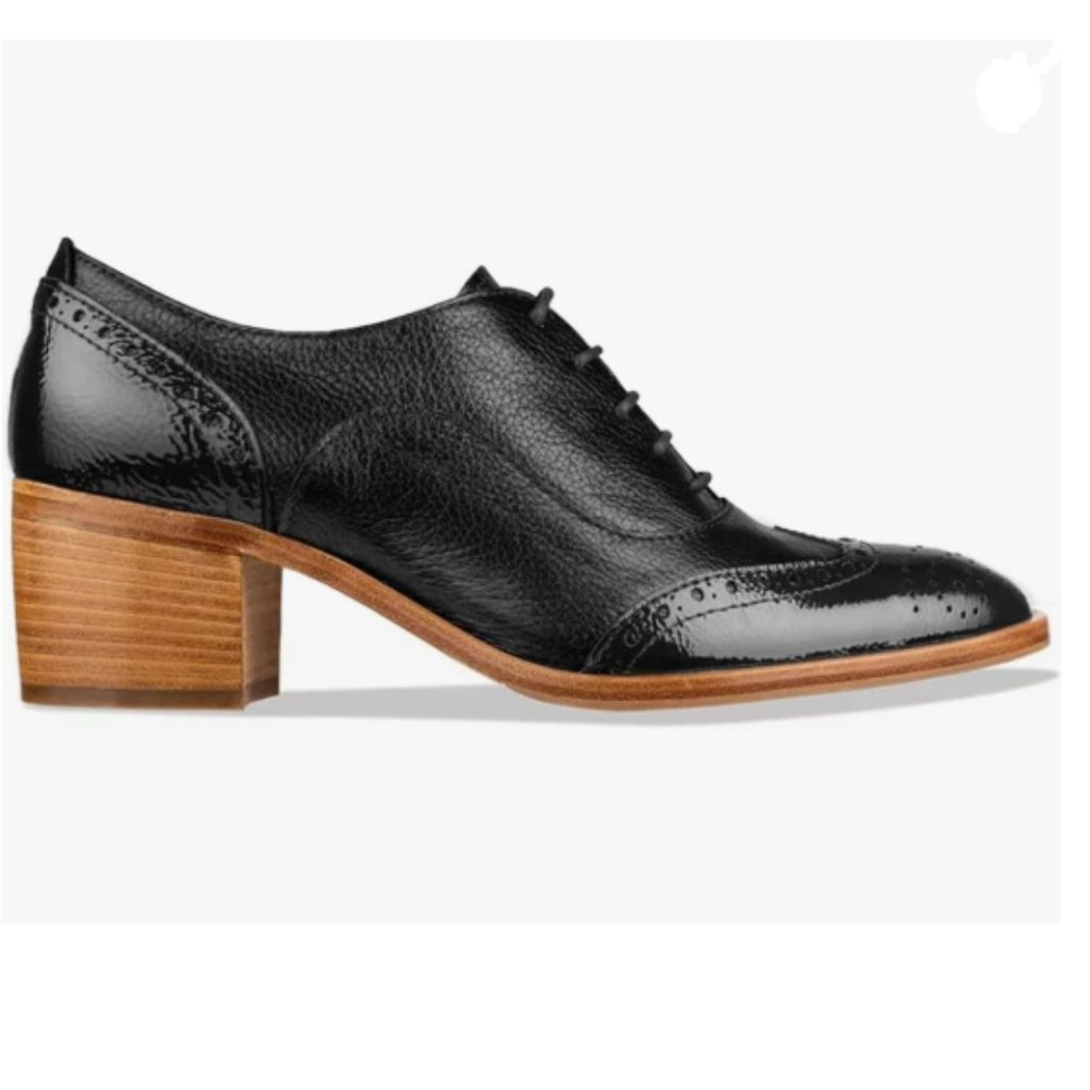 FOWT Black Perforated Lace-Up Oxfords Almond Toe Chunky Heel Brogues Saddle Shoe